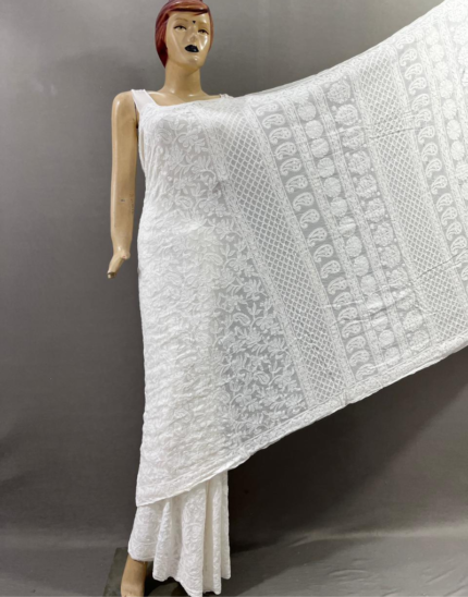 White Viscose Lucknowi Chikankari Jaal Saree