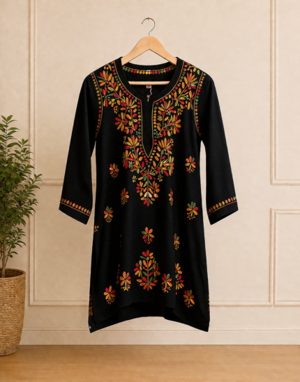 Black Premium Rayon Short Kurti with Multicolor Floral Embroidery