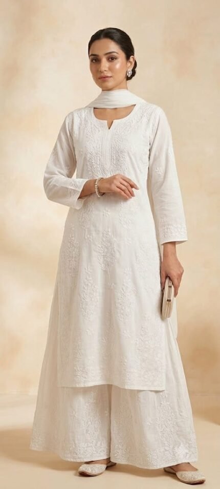 Women's Linen Modal Kurti Palazzo Set with Dupatta